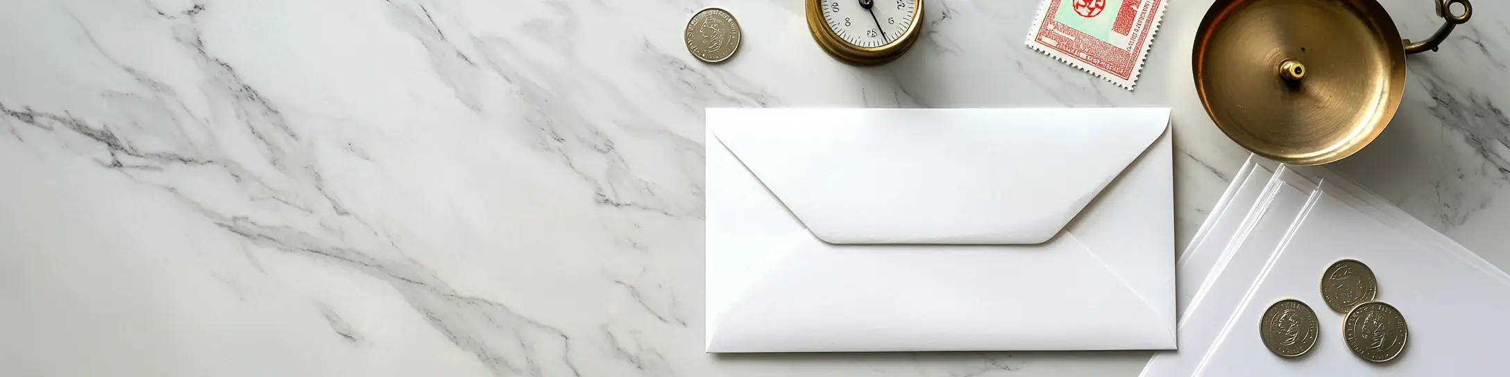 Briefumschlag mit Briefmarke und Waage auf Marmortisch
