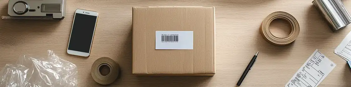 Versandfertiges Paket mit Barcode-Label auf Schreibtisch