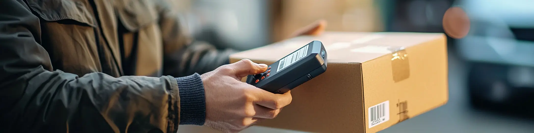 Paketbote scannt Barcode auf Paket mit Handscanner