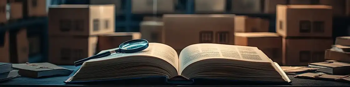 Aufgeschlagenes Buch mit Lupe in Lagerhaus-Umgebung