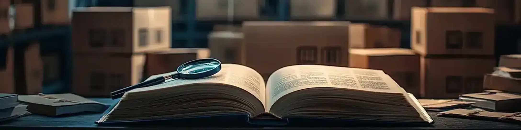 Aufgeschlagenes Buch mit Lupe in Lagerhaus-Umgebung