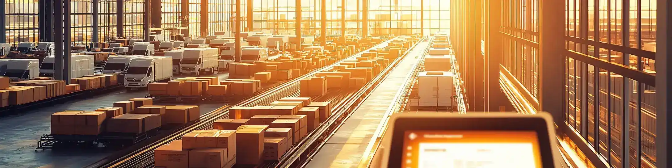 Pakete auf Förderband in Logistikzentrum bei Sonnenuntergang