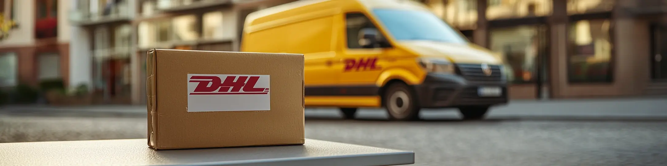 DHL Paket neben einem gelben DHL-Lieferwagen auf einer Strasse
