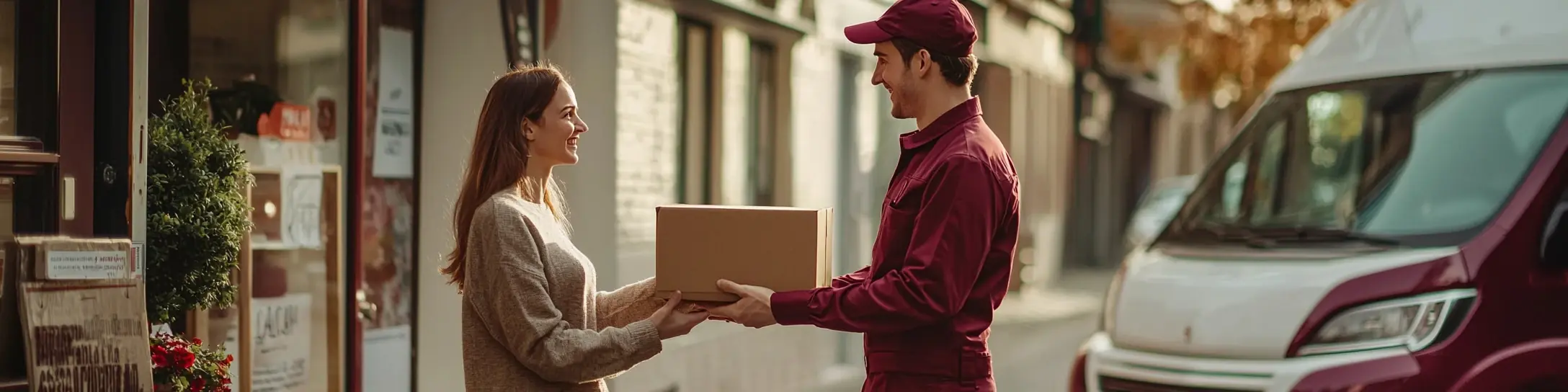 DPD-Zusteller übergibt ein Paket an eine Kundin vor einem DPD-Lieferfahrzeug