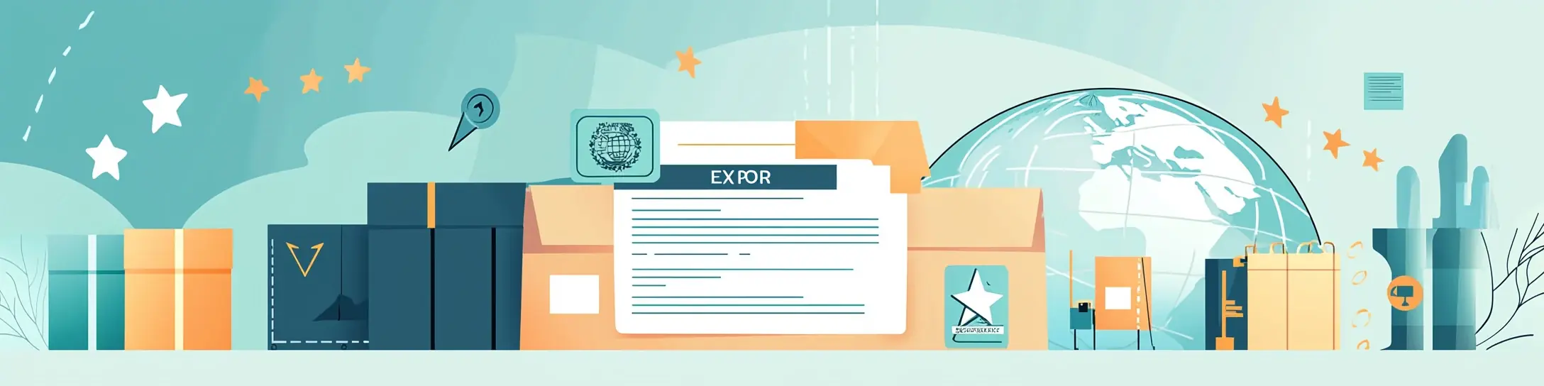 Illustriertes Antragsformular mit Paketen, Zoll-Stempel und Globus – EORI-Nummer beantragen