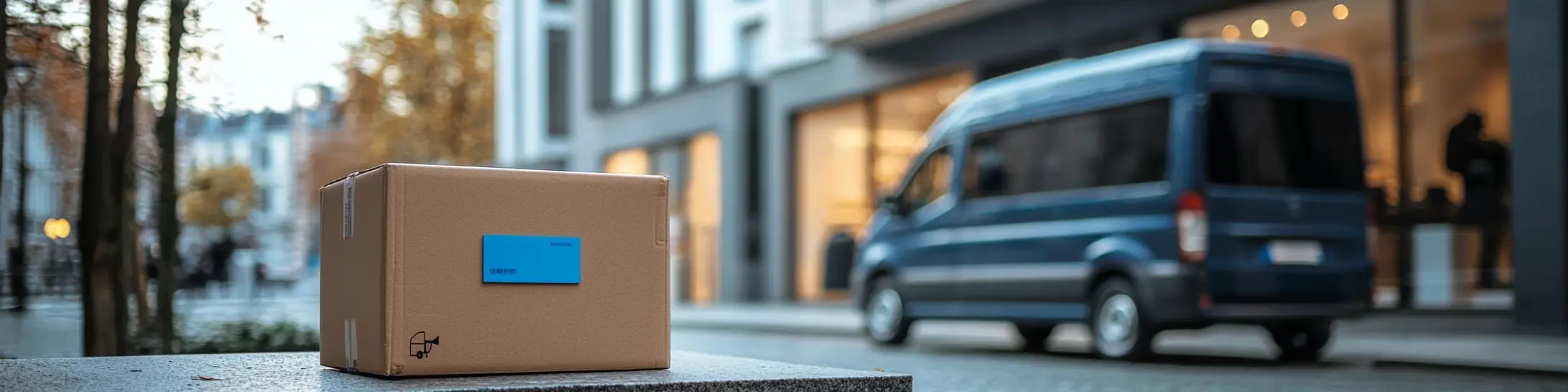 Hermes-Paket auf dem Gehweg neben einem dunkelblauen Lieferwagen