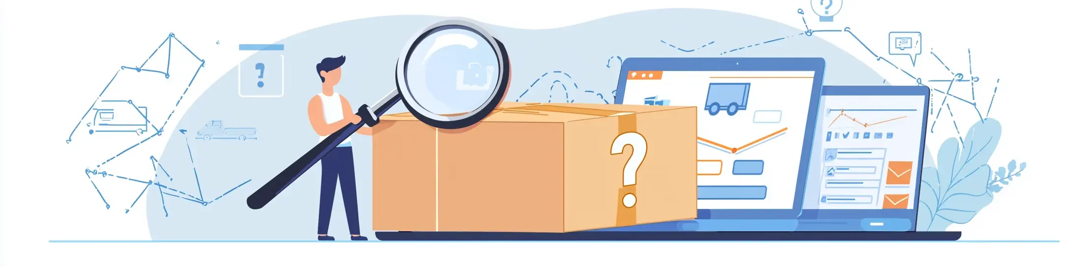 Illustration: Lupe untersucht ein Paket mit Fragezeichen, daneben ein Laptop mit Tracking-Daten