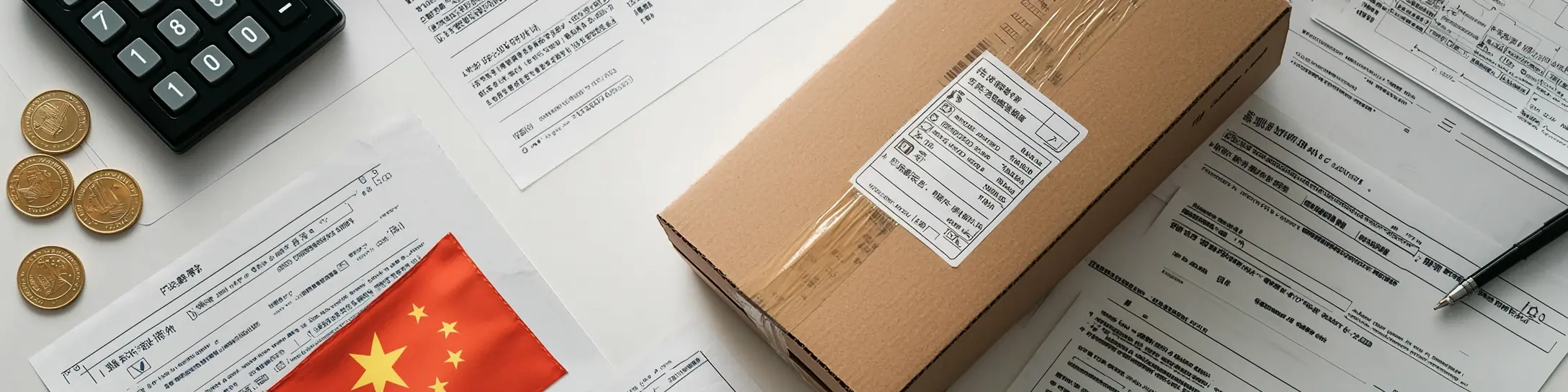 Paket aus China mit Zollformularen, Taschenrechner und chinesischer Flagge auf einem Schreibtisch