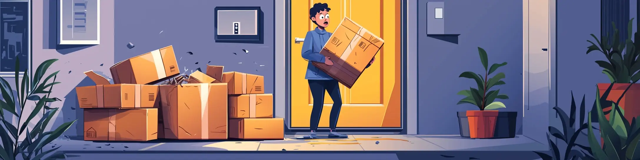 Person prüft ein beschädigtes Paket an der Haustür