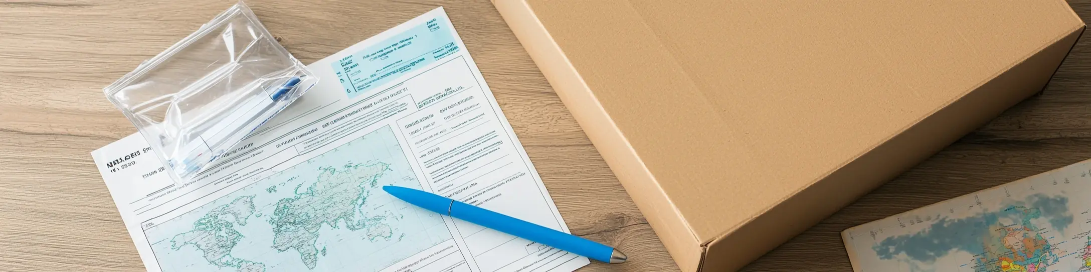 Paket mit Zollinhaltserklärung CN23 auf einem Versandtisch bereit für den internationalen Versand