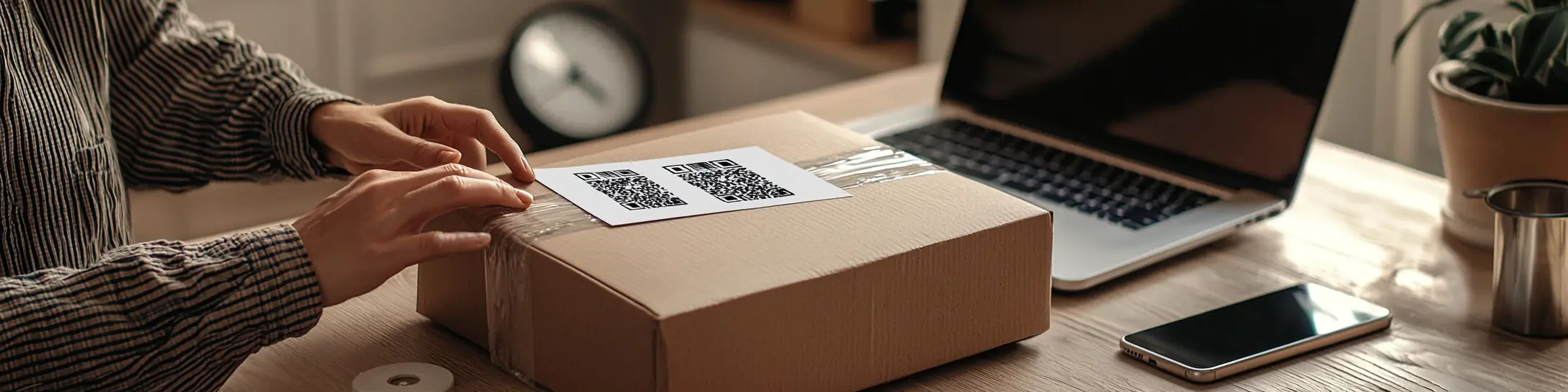 Person klebt eine online erstellte Paketmarke mit QR-Code auf ein Paket am Schreibtisch