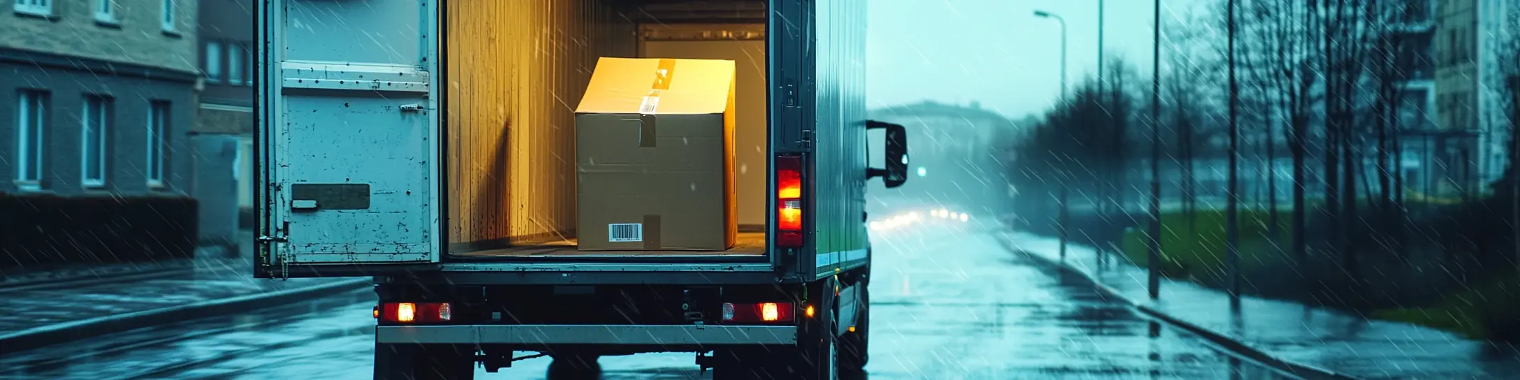 Offener Lieferwagen mit einzelnem Paket bei Regen – Symbolbild für ein verlorenes Paket