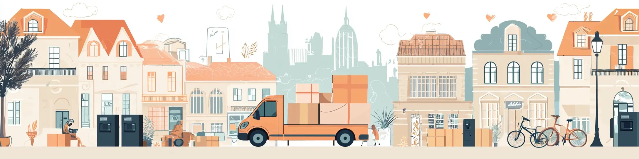 Illustrierter Lieferwagen mit Paketen vor einer farbenfrohen Stadtkulisse mit Paketshops