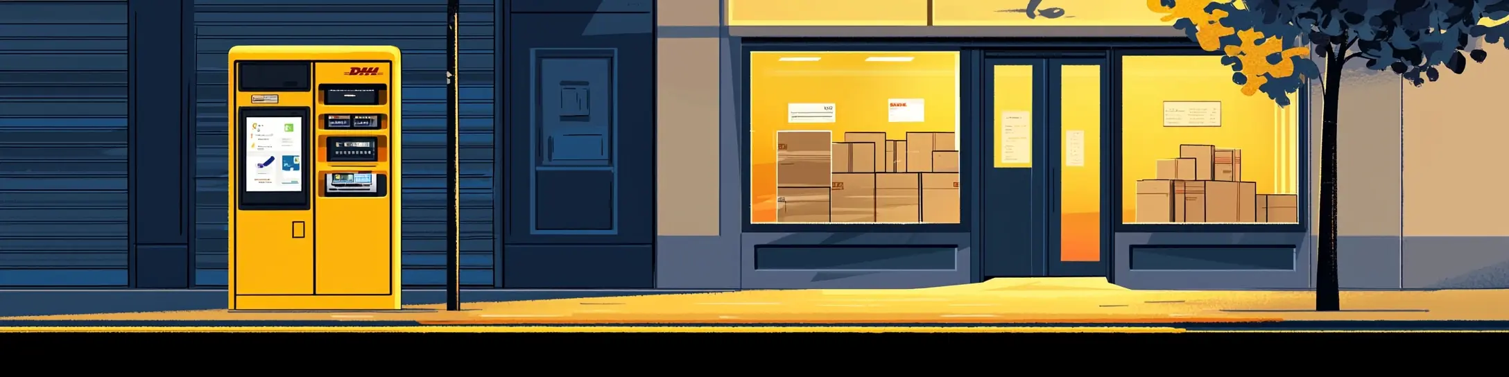Gelbe Packstation neben einem beleuchteten Paketshop in einer ruhigen Innenstadt