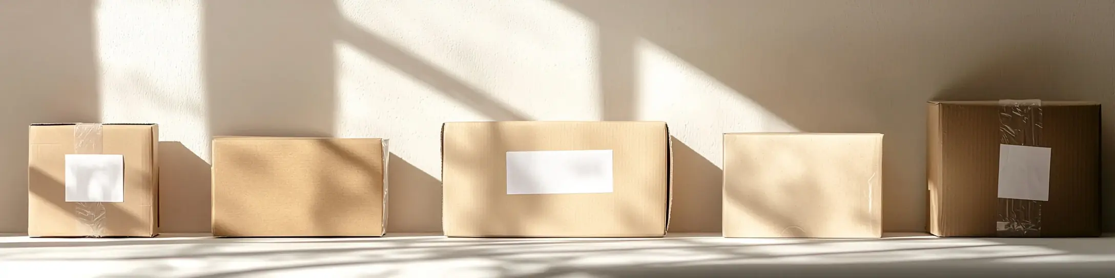 Verschiedene Paketgrößen nebeneinander aufgereiht vor einer hellen Wand