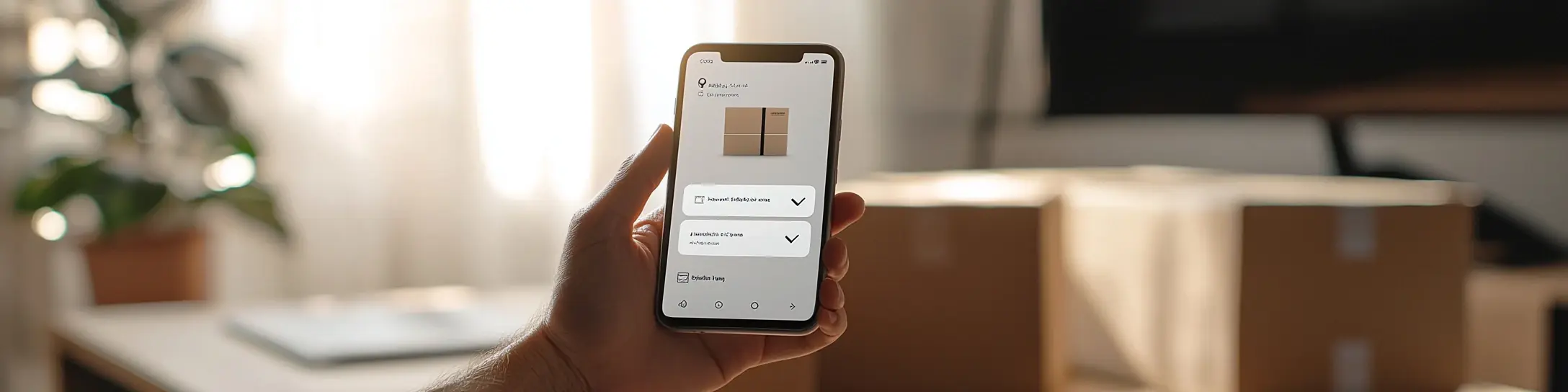 Smartphone zeigt Sendungsstatus eines Pakets, im Hintergrund ein Karton