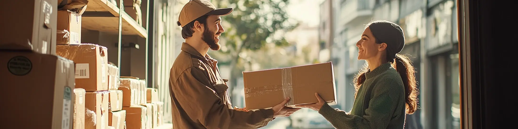 UPS-Zusteller übergibt ein Paket an eine Kundin in einem Paketshop