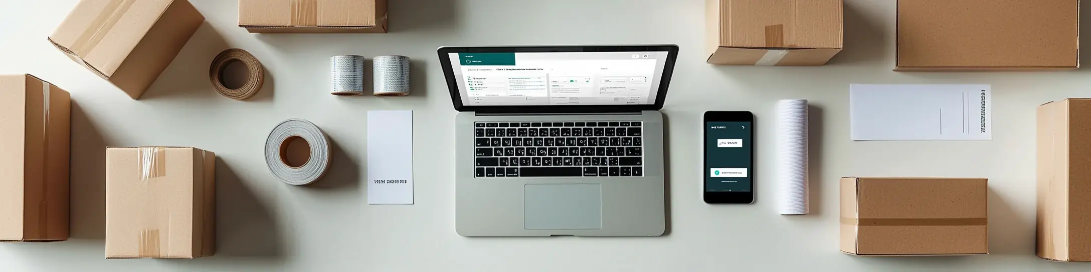 E-Commerce-Versandarbeitsplatz mit Paketen, Laptop und Versandlabels