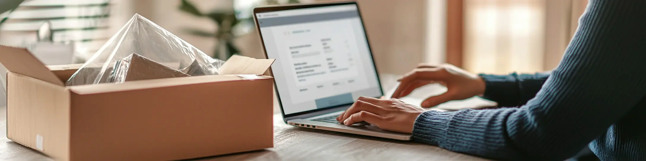 Verbraucherin prüft gelieferte Ware neben einem geöffneten Paket am Laptop