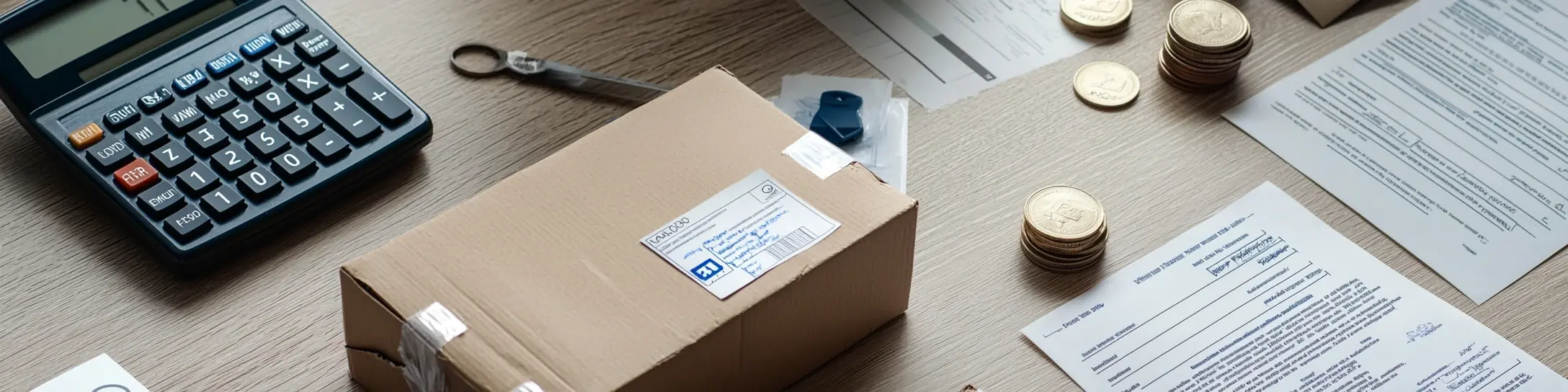 Paket mit Zollformularen, Taschenrechner und Münzen auf einem Schreibtisch